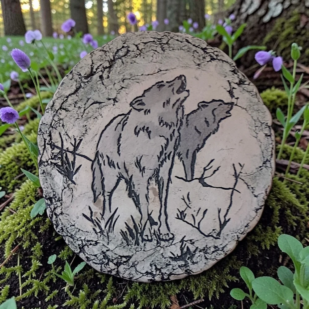 Shapes of Clay Wolf Howling Plaque Decor Round Hand Painted Mt St Helens Ash Vtg